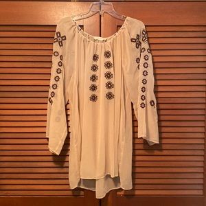 Staring at Stars Sheer Beige Embroidered Flower Tunic XL Rope Neck Long Sleeve